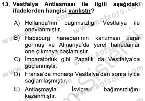 Ortaçağ-Yeniçağ Avrupa Tarihi Dersi 2023 - 2024 Yılı Yaz Okulu Sınav Soruları 13. Soru