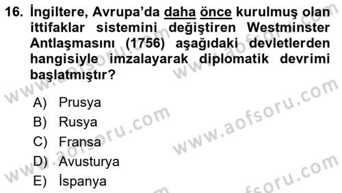 Ortaçağ-Yeniçağ Avrupa Tarihi Dersi 2023 - 2024 Yılı Yaz Okulu Sınav Soruları 16. Soru