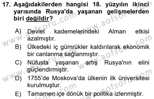Ortaçağ-Yeniçağ Avrupa Tarihi Dersi 2023 - 2024 Yılı Yaz Okulu Sınav Soruları 17. Soru