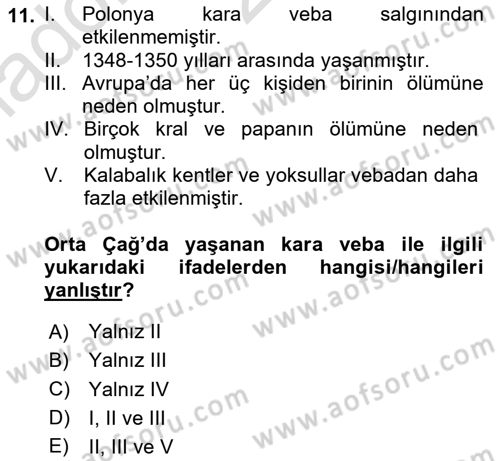 Ortaçağ-Yeniçağ Avrupa Tarihi Dersi Ara Sınavı Deneme Sınav Soruları 11. Soru