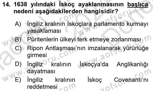 Ortaçağ-Yeniçağ Avrupa Tarihi Dersi 2024 - 2025 Yılı (Final) Dönem Sonu Sınav Soruları 14. Soru