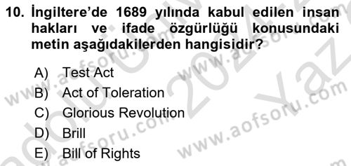 Ortaçağ-Yeniçağ Avrupa Tarihi Dersi 2024 - 2025 Yılı Yaz Okulu Sınav Soruları 10. Soru
