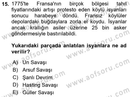 Ortaçağ-Yeniçağ Avrupa Tarihi Dersi 2024 - 2025 Yılı Yaz Okulu Sınav Soruları 15. Soru