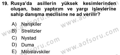 Ortaçağ-Yeniçağ Avrupa Tarihi Dersi 2024 - 2025 Yılı Yaz Okulu Sınav Soruları 19. Soru