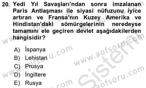 Ortaçağ-Yeniçağ Avrupa Tarihi Dersi 2024 - 2025 Yılı Yaz Okulu Sınav Soruları 20. Soru