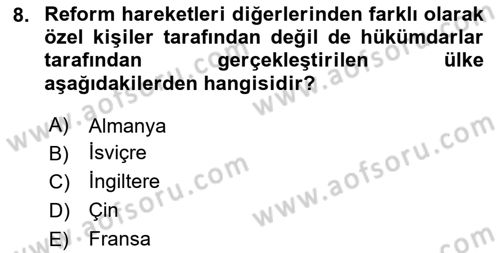 Ortaçağ-Yeniçağ Avrupa Tarihi Dersi 2024 - 2025 Yılı Yaz Okulu Sınav Soruları 8. Soru