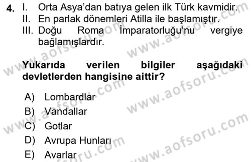 Ortaçağ-Yeniçağ Avrupa Tarihi Dersi 2025 - 2026 Yılı (Vize) Ara Sınav Soruları 4. Soru