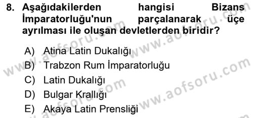 Ortaçağ-Yeniçağ Avrupa Tarihi Dersi 2025 - 2026 Yılı (Vize) Ara Sınav Soruları 8. Soru