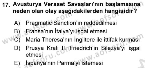 Ortaçağ-Yeniçağ Avrupa Tarihi Dersi 2025 - 2026 Yılı (Final) Dönem Sonu Sınav Soruları 17. Soru