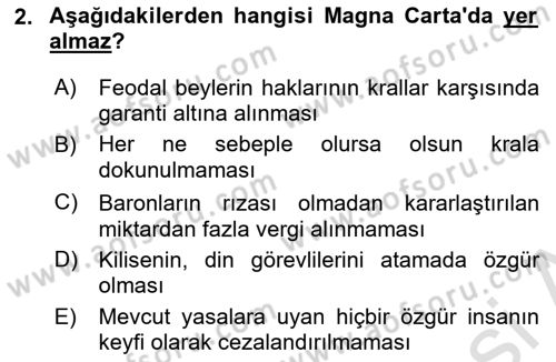 Ortaçağ-Yeniçağ Avrupa Tarihi Dersi 2025 - 2026 Yılı (Final) Dönem Sonu Sınav Soruları 2. Soru