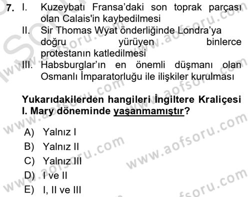 Ortaçağ-Yeniçağ Avrupa Tarihi Dersi 2025 - 2026 Yılı (Final) Dönem Sonu Sınav Soruları 7. Soru