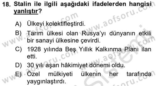 Rusya Tarihi Dersi 2015 - 2016 Yılı (Final) Dönem Sonu Sınav Soruları 18. Soru