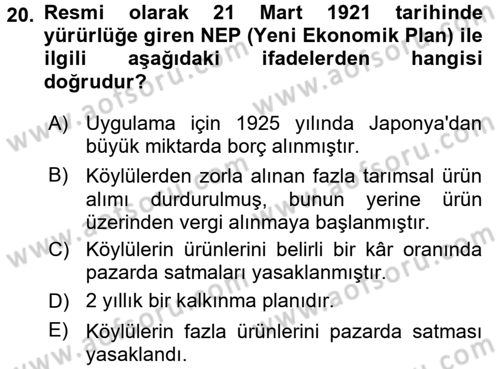 Rusya Tarihi Dersi 2015 - 2016 Yılı (Final) Dönem Sonu Sınav Soruları 20. Soru