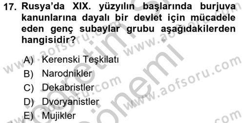 Rusya Tarihi Dersi 2016 - 2017 Yılı (Vize) Ara Sınav Soruları 17. Soru
