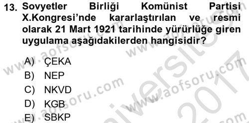 Rusya Tarihi Dersi 2016 - 2017 Yılı (Final) Dönem Sonu Sınav Soruları 13. Soru
