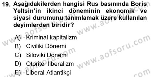 Rusya Tarihi Dersi 2016 - 2017 Yılı (Final) Dönem Sonu Sınav Soruları 19. Soru