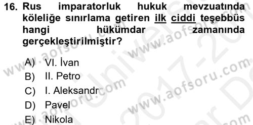 Rusya Tarihi Dersi 2017 - 2018 Yılı (Vize) Ara Sınav Soruları 16. Soru
