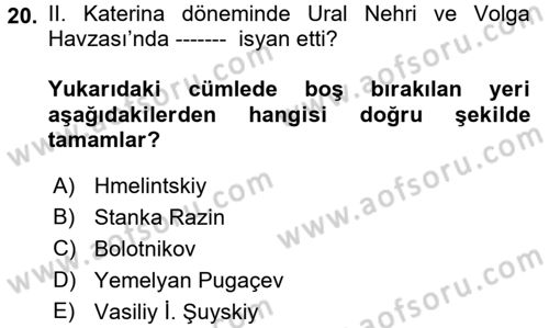 Rusya Tarihi Dersi 2017 - 2018 Yılı (Vize) Ara Sınav Soruları 20. Soru
