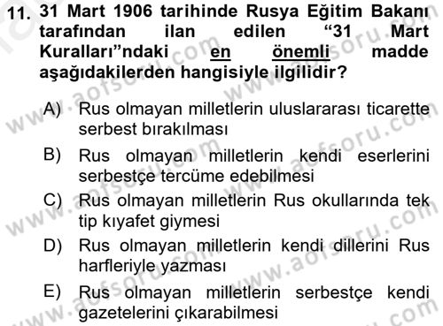Rusya Tarihi Dersi 2017 - 2018 Yılı (Final) Dönem Sonu Sınav Soruları 11. Soru