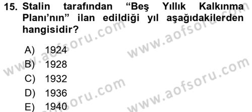 Rusya Tarihi Dersi 2017 - 2018 Yılı (Final) Dönem Sonu Sınav Soruları 15. Soru