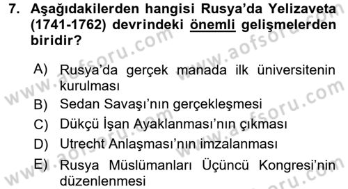 Rusya Tarihi Dersi 2017 - 2018 Yılı (Final) Dönem Sonu Sınav Soruları 7. Soru