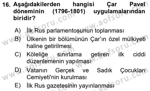 Rusya Tarihi Dersi 2018 - 2019 Yılı (Vize) Ara Sınav Soruları 16. Soru