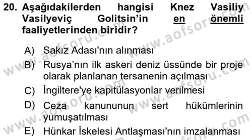 Rusya Tarihi Dersi 2018 - 2019 Yılı (Vize) Ara Sınav Soruları 20. Soru
