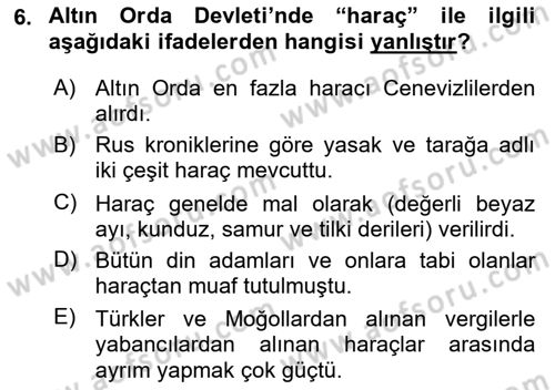 Rusya Tarihi Dersi 2018 - 2019 Yılı (Vize) Ara Sınav Soruları 6. Soru
