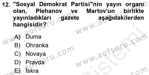 Rusya Tarihi Dersi 2018 - 2019 Yılı (Final) Dönem Sonu Sınav Soruları 12. Soru