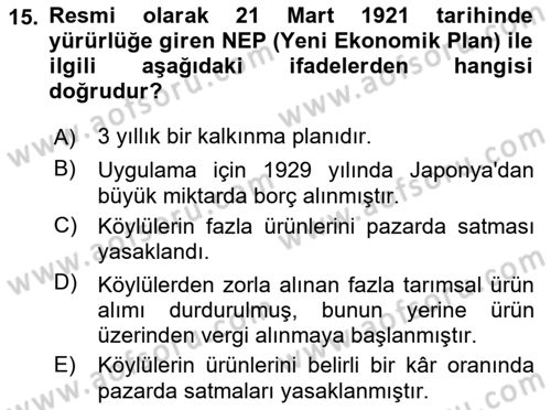 Rusya Tarihi Dersi 2018 - 2019 Yılı (Final) Dönem Sonu Sınav Soruları 15. Soru