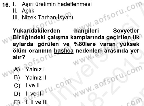 Rusya Tarihi Dersi 2018 - 2019 Yılı (Final) Dönem Sonu Sınav Soruları 16. Soru