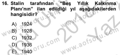 Rusya Tarihi Dersi 2018 - 2019 Yılı Yaz Okulu Sınav Soruları 16. Soru