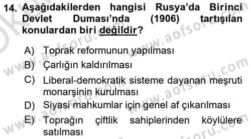 Rusya Tarihi Dersi 2020 - 2021 Yılı Yaz Okulu Sınav Soruları 14. Soru