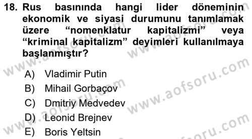Rusya Tarihi Dersi 2020 - 2021 Yılı Yaz Okulu Sınav Soruları 18. Soru