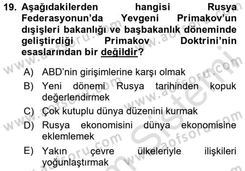 Rusya Tarihi Dersi 2020 - 2021 Yılı Yaz Okulu Sınav Soruları 19. Soru