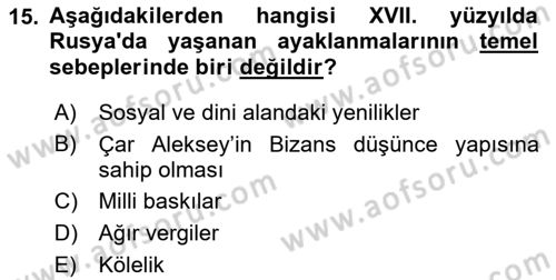 Rusya Tarihi Dersi 2021 - 2022 Yılı (Vize) Ara Sınav Soruları 15. Soru