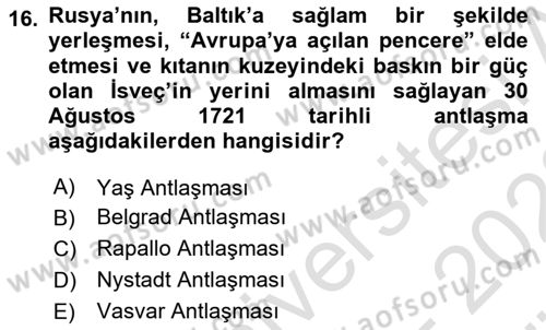 Rusya Tarihi Dersi 2021 - 2022 Yılı (Vize) Ara Sınav Soruları 16. Soru