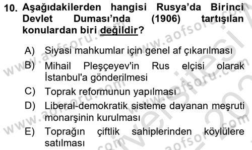Rusya Tarihi Dersi 2021 - 2022 Yılı (Final) Dönem Sonu Sınav Soruları 10. Soru