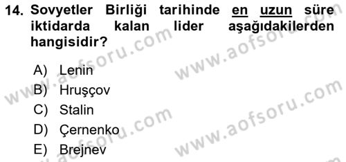 Rusya Tarihi Dersi 2021 - 2022 Yılı (Final) Dönem Sonu Sınav Soruları 14. Soru