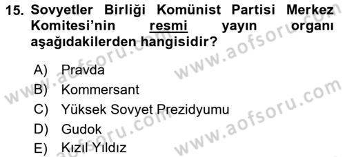 Rusya Tarihi Dersi 2021 - 2022 Yılı (Final) Dönem Sonu Sınav Soruları 15. Soru