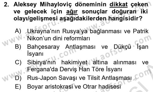 Rusya Tarihi Dersi 2021 - 2022 Yılı (Final) Dönem Sonu Sınav Soruları 2. Soru