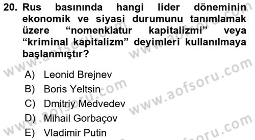 Rusya Tarihi Dersi 2021 - 2022 Yılı (Final) Dönem Sonu Sınav Soruları 20. Soru
