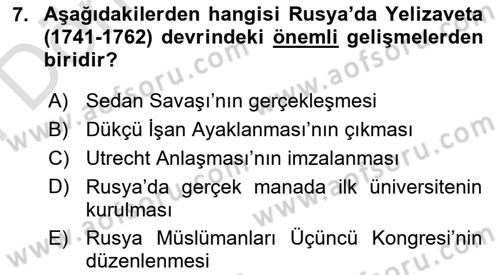 Rusya Tarihi Dersi 2021 - 2022 Yılı (Final) Dönem Sonu Sınav Soruları 7. Soru