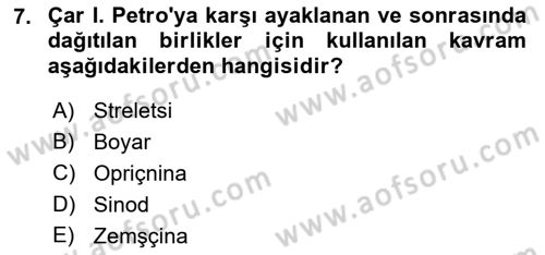 Rusya Tarihi Dersi 2021 - 2022 Yılı Yaz Okulu Sınav Soruları 7. Soru