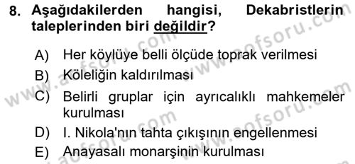 Rusya Tarihi Dersi 2021 - 2022 Yılı Yaz Okulu Sınav Soruları 8. Soru