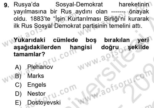 Rusya Tarihi Dersi 2021 - 2022 Yılı Yaz Okulu Sınav Soruları 9. Soru