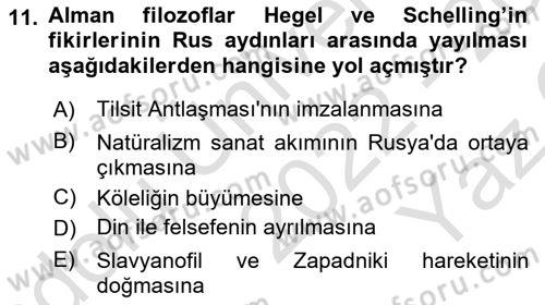 Rusya Tarihi Dersi 2022 - 2023 Yılı Yaz Okulu Sınav Soruları 11. Soru
