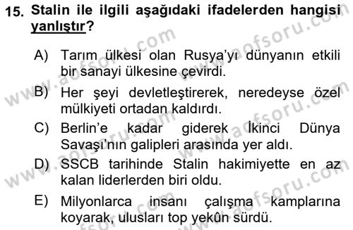 Rusya Tarihi Dersi 2022 - 2023 Yılı Yaz Okulu Sınav Soruları 15. Soru
