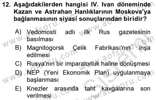 Rusya Tarihi Dersi 2023 - 2024 Yılı (Vize) Ara Sınav Soruları 12. Soru