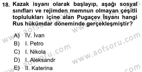 Rusya Tarihi Dersi 2023 - 2024 Yılı (Vize) Ara Sınav Soruları 18. Soru